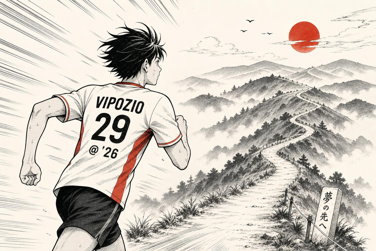 A manga-style runner climbing into the misty hills, jersey reads Vipozio 